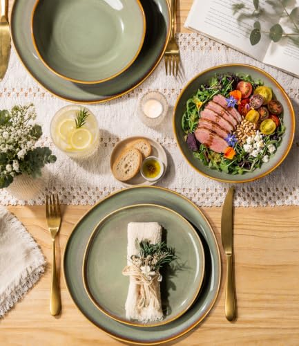 Image of Ceramic Dinnerware Set for 4, 12-Piece Plates and Bowls Set | Handmade Reactive Glaze Dish Set, Scratch Resistant, Oven & Microwave & Dishwasher Safe, Sage Umber