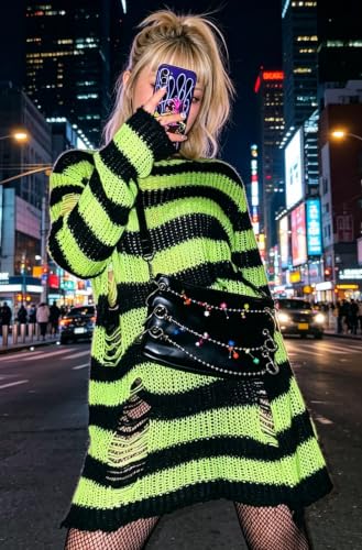 Image of Goth Y2K Striped Sweater Grunge Ripped Punk Gothic Sweaters for Women
