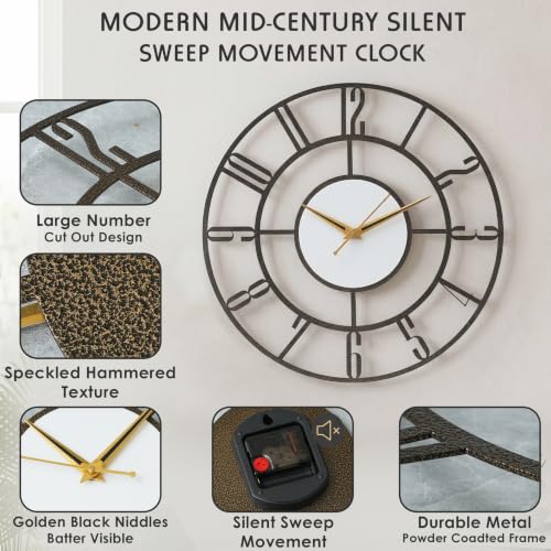 Image of Modern Mid-Century Metal Wall Clock with Large Number Cut-Out Design, Silent Sweep Movement, Golden & Black Hands, Antique Gold Texture, Powder-Coated Frame for Living Room, Bedroom & Office 15 Inch
