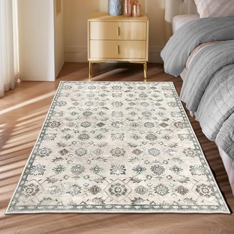 KONYXALU Washable Rug 3x5 Non Slip Living Room Rug with Backing Indoor Ultra Thin Soft Rug Vintage Distressed Floral Print Carpet for Bedroom Kitchen Dining Cover
