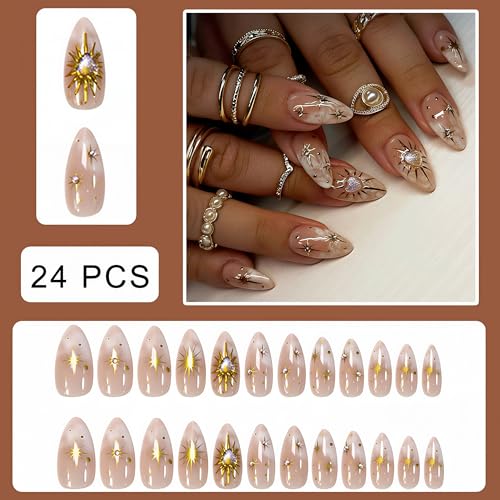 Starburst Medium Almond Fake Nails with Rhinestones