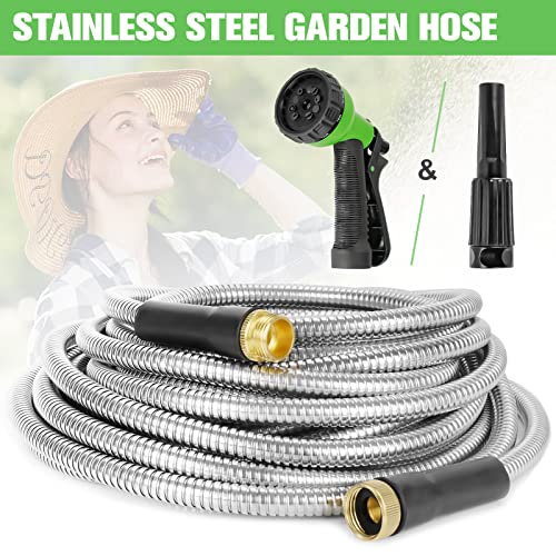 Tvkb Metal Garden Hose 304 Stainless Steel Water Hose Super Tough Flexible Water Pipe With 3/4 Inch Brass Fittings And Sprayer Nozzle, Kink & Tangle Free, Rust Proof (100Ft) #TOP6