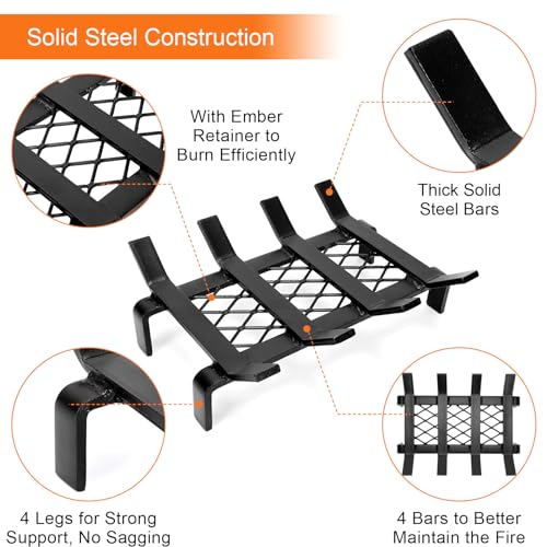 WILLOW WEAVE 13" Fireplace Grate with Ember Retainer, Wood Stove Grate Rack, Heavy Duty Solid Steel Firewood Holder, Non-Assembly Fire Grate for Indoor Hearth Outdoor Firepit - Matt Black