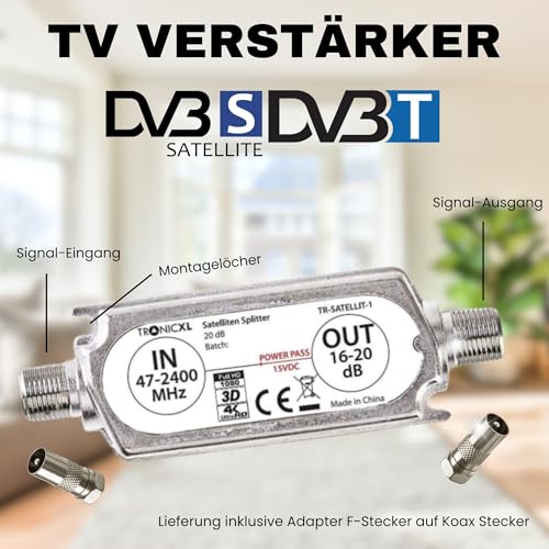 TronicXL Profi 20dB DVBS2 DVB-S2 Satelliten-Leitungsverstärker Inline Breitband SAT Verstärker TV PreAmp Inlineverstärker für Satelliten Fernsehen und DVB-T