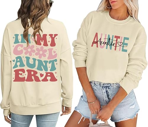 IZROLO Auntie Sweatshirts for Women In My Auntie Era Sweatshirt Mom Graphic Long Sleeve Pullovers Apricot