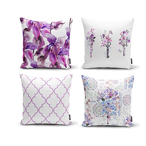 Ysahome Lot de 4 housses de coussin à impression numérique florale - Housse de coussin carrée marocaine - Taie d'oreiller décorative sur le thème Ogee, 45,7 x 45,7 cm, couleur violet, bleu, blanc Cover