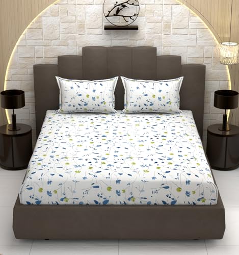 Image of 240 TC Soft Ezyption Cotton Floral Print King Double Bed bedsheet - with 2 Pillow Covers,bedsheet for Double Bed King Size Hypoallergenic, Brethable, (Size- 90 x 90 Inch) Blue & White