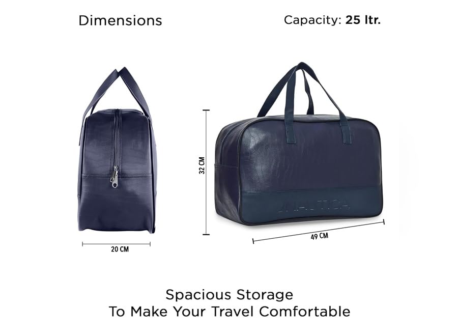 Image of Nautica Unisex 25L PU Duffle Bag for Travel | Stylish Leatherette Cabin Luggage with Smooth Zippers | Compact, Comfortable & Spacious for Weekend Trips, Gym & Everyday Use | Navy Blue