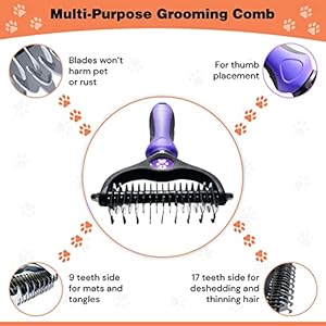 Pret & Lively Pet hair Dematting Tool, Tough Mats and Tangles, Undercoat Rake Comb, Dogs, Cats, Rabbits, & All Hairy Pets, Holiday Gift, Professional Grooming Brush For Deshedding, Extra Wide (Purple)