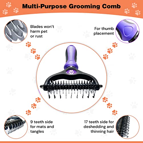 Pret & Lively Pet hair Dematting Tool, Tough Mats and Tangles, Undercoat Rake Comb, Dogs, Cats, Rabbits, & All Hairy Pets, Holiday Gift, Professional Grooming Brush For Deshedding, Extra Wide (Purple) Pret & Lively Pet hair Dematting Tool, Tough Mats and Tangles, Undercoat Rake Comb, Dogs, Cats, Rabbits, & All Hairy Pets, Holiday Gift, Professional Grooming Brush For Deshedding, Extra Wide (Purple)