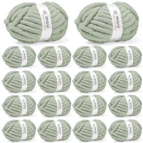 Image of Inhand Meadow Green Chunky Chenille Yarn for Hand Knitting,Thick Bulky Christmas Blanket Yarn for Crocheting,Soft Fluffy Yarn for Crochet holiday Gifts for Women /Beginners,18 Pack (29.5Yds /8.4oz Each)