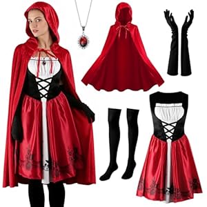 Damen Rotkäppchen Kostüm Umhang, Erwachsene Karneval Kostüm Roter Umhang mit Kapuze Spitze Little Red Riding Hood Langes Kleid Outfit für Fasching Cosplay Themenparty Festlich Partykleid Bekleidung