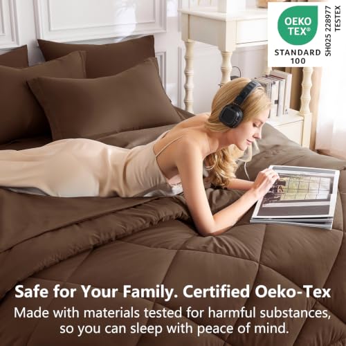 Image of CozyLux Full Size Comforter Sets Brown - 7 Pieces Bed in a Bag Full, Luxury Soft Bed Set for All Seasons, Bedding Set with Down Alternative Comforter, Sheets, Pillowcases & Shams