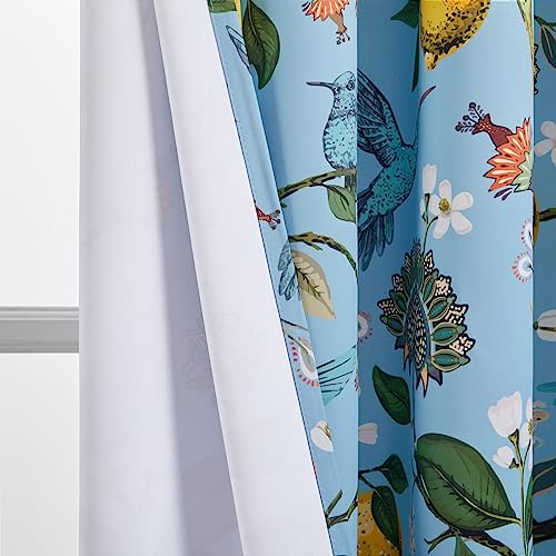 Image of Topfinel 54 Inches Long Short Blue Blackout Curtains for Cafe Kitchen, Grommet Room Darkening Luxury Floral Lemon Hummingbird Patterned Waverly Colorful Drapes for Living Room Bedroom