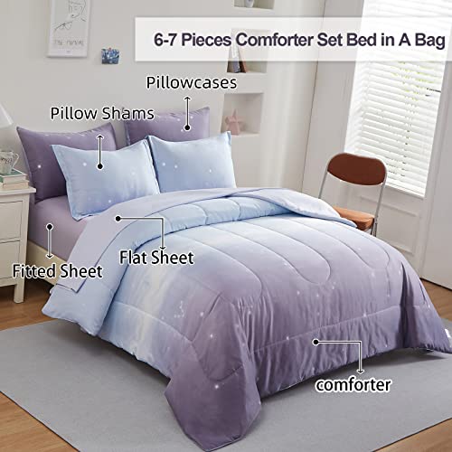Image of Dinjoy Girls Comforter Set Full Size Colorful Ombre Purple Rainbow Bedding Set Bed in A Bag for Kid Teen Girls 7 Pieces (1 Comforter, 1 Flat Sheet, 1 Fitted Sheet, 2 Pillow Shams, 2 Pillowcases)