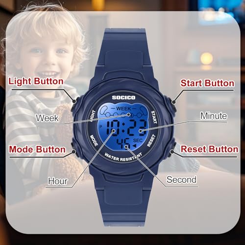 SOCICO Kids Digital Watches for Girls Boys, 7 Color Lights Waterproof Sport Outdoor Wristwatch with Stopwatch, Alarm, Date, Great Gift for Child Ages 5-124