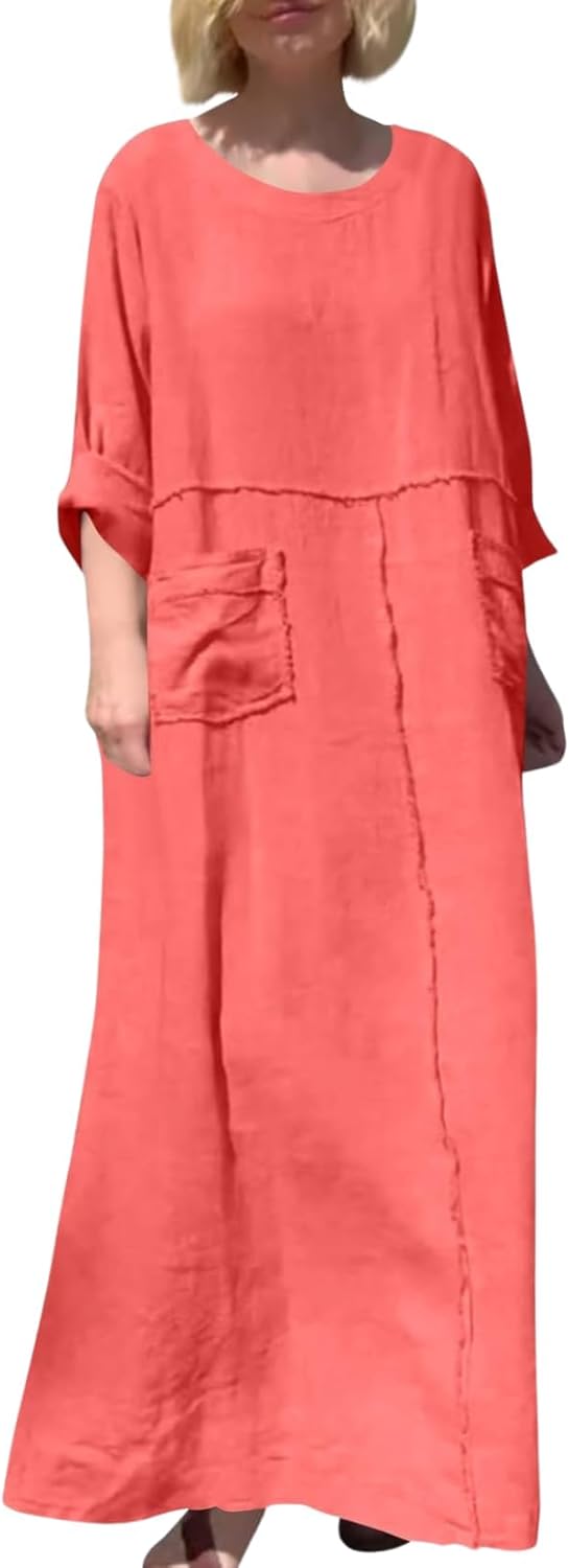 Fall Baggy Maxi Dress for Women Plus Size Linen Casual Wedding Guest Dresses Solid Boho Long Sleeve 2024