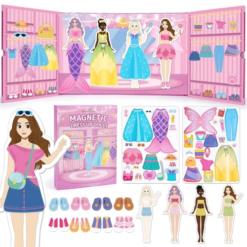 Dreamon Magnetic Dress Up Dolls for Girls, 42PCS Princess Mermaid Fairy Ballerina Papper Dolls Dress Up Games Kit, Travel Game Airplane Activities Toys Birthday Gifts for Toddler Girls Ages 3 4 5 6 7