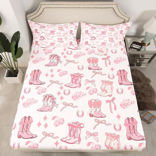 Western Cowgirl Bedding Set Twin Size Tribal Boots Caps Horseshoe Bed Set for Teens Kids Sheet Pink Bowknot Disco Cherry Princess Style Starry Pink Bed Cover(1 Fitted Sheet+1 Pillow Case)