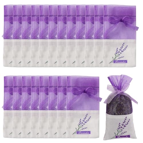 20 Piezas Bolsas de Lavanda Vacía, Bolsitas Púrpura con 20 Cintas de Hilo, Bolsa de Organza para Lavanda para el Armario, Organizador para Especias y Hierbas