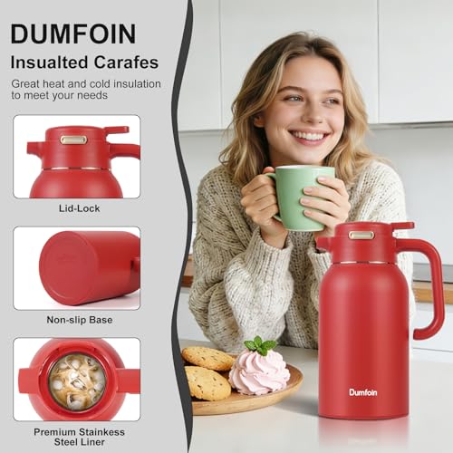 Image of 68 Oz Thermal Coffee Carafe, Stainless Steel Insulated Vacuum Coffee Carafes For Keeping Hot Liquid Thermal Pot Creamer Pitcher Dispenser(Red /Red)