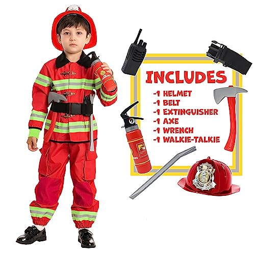 Spooktacular Creations Kids Firefighter Costume, Red Fireman Costume with Complete Firefighter Accessories for Kids Halloween Dress-up Parties, Fireman Role Play (Small (5-7yr))