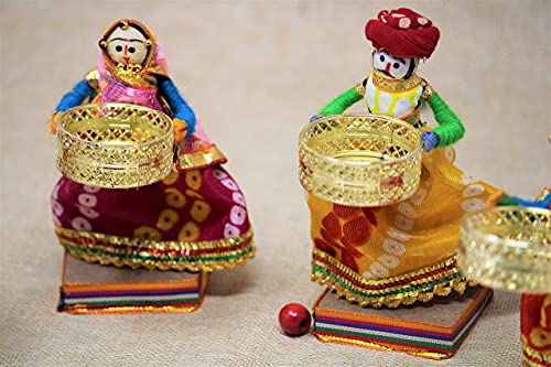 Image of JH Gallery Handmade Recycled Material Rajasthani Dolls Puppet Tealight Candle Holder, Multicolor, 11 x 11 cm, 1 Pair, Home Decor & Decoration Items for Living Room, Office and Hall