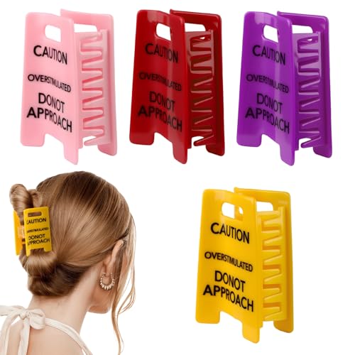 4 Pcs Funny Hair Claw Clips for Women Overstimulated & Caution Word Hair Clips Matte Non-Slip Large Jaw Clips for Thick Hair Quirky Coworker Gag Gifts Introvert Accessories