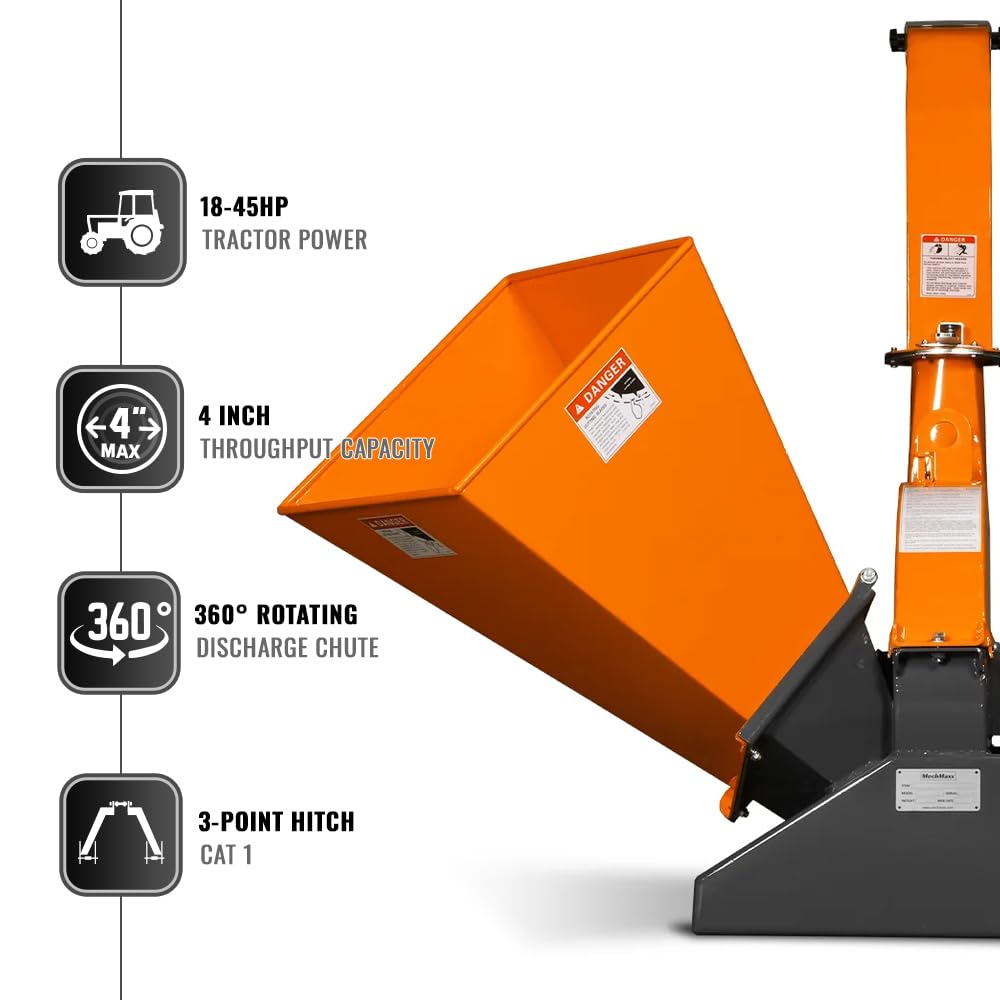 MechMaxx 4'' Inch PTO Powered 3 Point Wood Chipper Shredder Mulcher Attachment for Tractors Up to 45HP, (PTO Shaft Included), Model BX42S - Detailed View