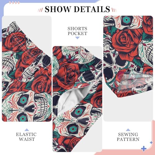 Skull with Rose Floral Boys Long Pants Soft Trousers Elastic Waist Kids Lounge Bottoms with Pockets S-XL4