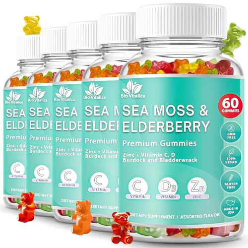 Image of Irish Sea Moss Gummies with Elderberry - USA Made Vegan Gummies with Vitamin C, D & Zinc - Immune Support Supplement with Bladderwrack & Burdock Root for Adults & Kids - 5 Pack