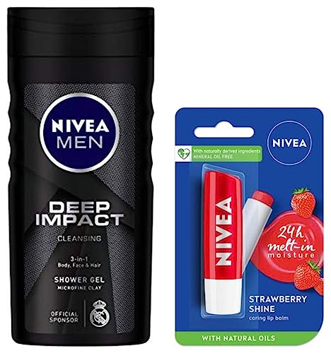 Image of NIVEA Lip Balm, Fruity Strawberry Shine, 4.8g & Nivea Men Body Wash, Deep Impact, 3 In 1 Shower Gel For Body, Face & Hair, With Microfine Clay, 250 ml