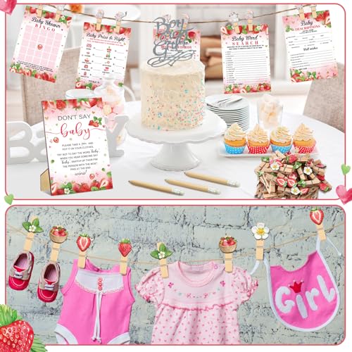 Image of Patelai 321 Pcs Strawberry Baby Shower Decorations, 5 Set Cards Pencils Clothespins