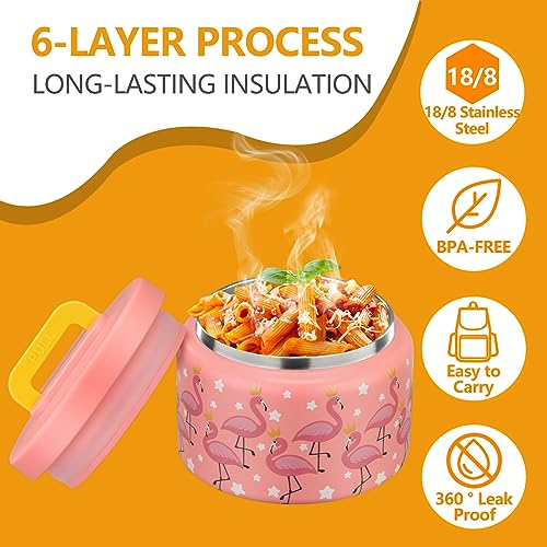 Image of PIQUEBAR 8oz Kids Thermo for Hot Food,Small Lunch Thermo Food Container Stainless Steel,Easy Open Wide Mouth Thermo for Hot Cold Food for Preschool Travel (Pink Flamingos)