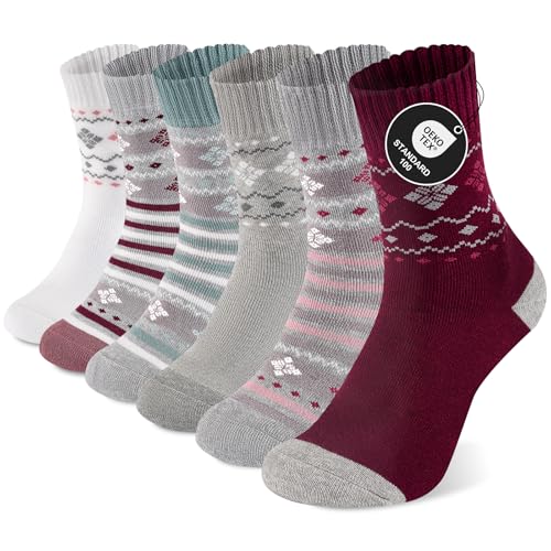 Niorasen Geschenke für Frauen 6 Paar Thermosocken Damen Warme Wintersocken Dicke Weiche Baumwolle Socken Bunte Lustige Geschenke mit Innenfrottee 39-42 Nordic Mix