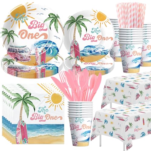 HIPVVILD The Big One Surf Birthday Decorations Party Tableware for Girl - Pink Beach Surfing First Birthday Party Supplies, Paper Plate, Cup, Napkin, Cutlery, Tablecloth | Serves 24
