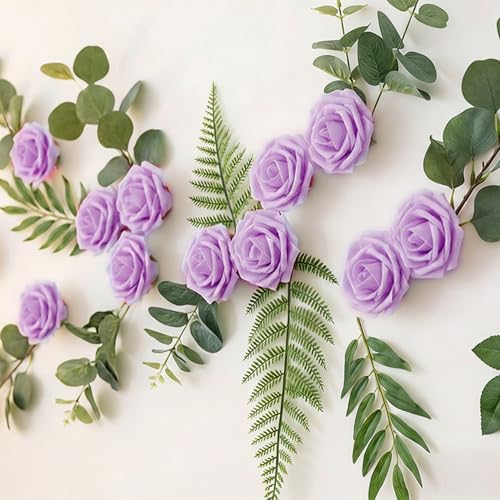 Image of 100Pcs Real Looking Purple Artificial Rose Flower Heads, Foam Fake Roses for DIY Wedding Decorations Baby Shower Centerpieces Home Party Valentine's Day Mother's Day Decor