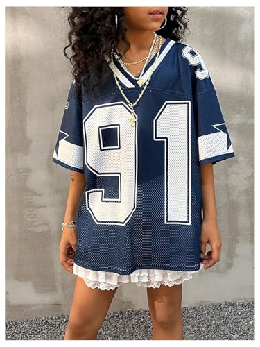 Image of BEAUDRM Girl's Jersey Shirts Leopard Number Print Jersey Shirt Cheetah V Neck Half Sleeve Oversized Tee Tops