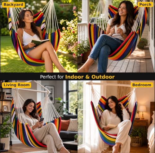 Image of ADVOKAIR Hammock Chair Swing, Heavy-Duty Hanging Rope Swing Seat Supports 500 Lbs, Ideal for Outdoor Patio, Backyard, Porch, Deck & Indoor Bedroom Use