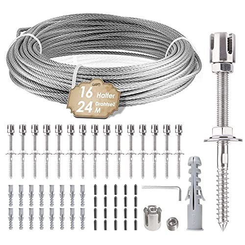 Support pour Plantes Grimpantes, 24m Corde en Acier Inoxydable à Suspendre Kit avec 3mm Cable INOX et 16 Tendeurs, pour Jardin/Mur Béton/Clôture Câble/Bois Massif(16 Tendeurs 24m Corde) Cover