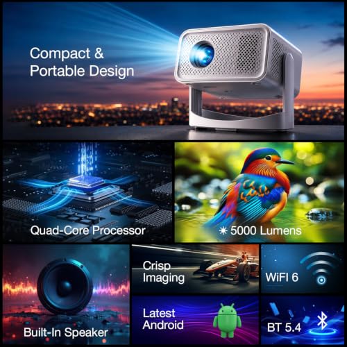 Image of Sekyo Prizm Mini Portable Projector for Room, 1080P & 4K HD Support, Android, 5000 Lumens, 230 Rotatable, 240 inch Screen, HDMI Port, All OTT Apps, WiFi6 /Bluetooth /Cast, Auto Keystone, Home Cinema