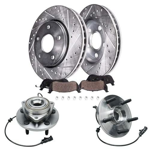 Image of Detroit Axle - Front Wheel Bearing Hubs Brake Kit for 2007-2009 | Chrysler Aspen Dodge Durango Drilled & Slotted Brake Rotors Ceramic Brake Pads Wheel Bearing Hubs Assembly 2008 Replacement