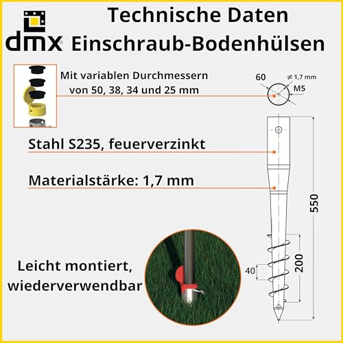 GRUNDLINE - Pfostenträger rund Ø 25 bis 50 mm - Bodenanker zum eindrehen - Schraubfundament - Einschraub Bodenhülsen - Stützenfuß - Erdanker - Erdspieß - Bodenhülse Sonnenschirm - Wäschespinne