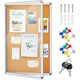 Geetery Locking Bulletin Board Tamperproof Lockable Cork Noticeboard Outdoor Enclosed Cork Bulletin Board Weatherproof Display Cases with Aluminum Frame Notice Poster Memo Board (Yellow,36 x 24 Inch)