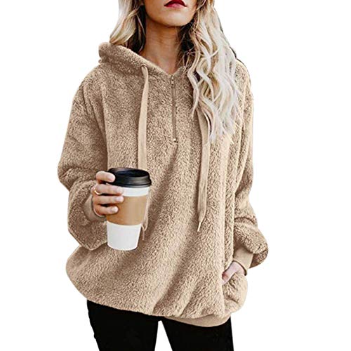 MUMUBREAL Women's Oversized Sherpa Long Sleeve Pullover Zip Sweatshirt Fleece Hoodies with Pockets (Khaki 3XL)