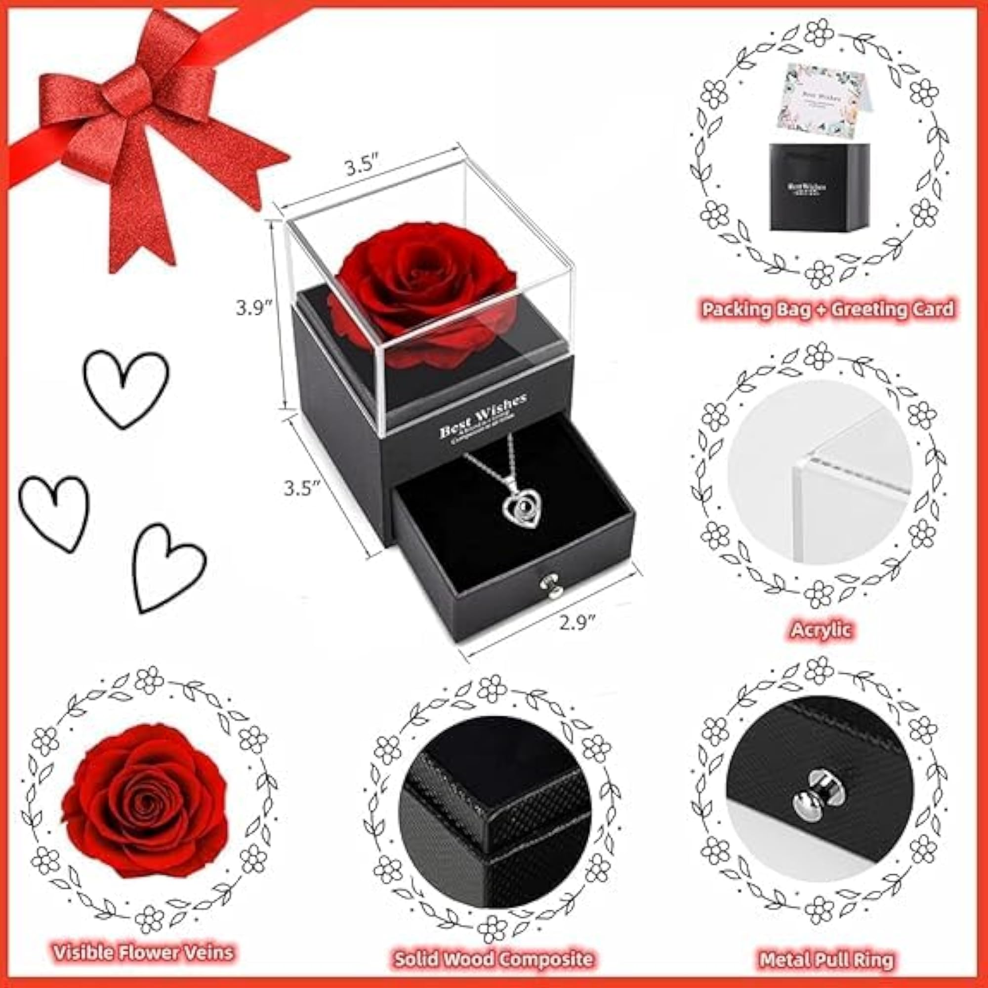 Artificial Preserved Red Rose & Heart Necklace Gift, Romantic