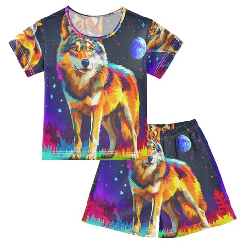 ALAZA Funny Wolf Moon Pajamas Set Short Sleeve Cotton Sleepwear Summer Pjs 2 Piece 5-14Y