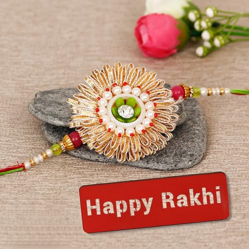 Image of eCraftIndia Pearl Designer Rakhi for Brother with Best Bro Ever Fridge Magnet and Roli Chawal Pack