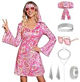 Women's Halloween 1970s Flared Sleeves 70s Outfit Hippie Go Go Groovy Mini Dress Fuchsia Graffiti XS
