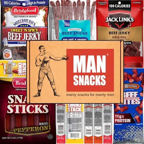 ManSnacks Jerky Gift Basket for Men | Variety of Beef Jerky, Beef Sticks, Turkey Sticks, Sausage Bites, Cheese Sticks, in a Manly Gift Box